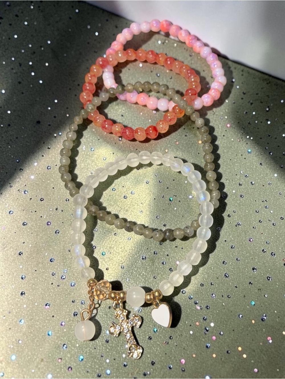 4 Piece Beaded Bracelet Stack Pink Coral Gray White Cross Heart Charms